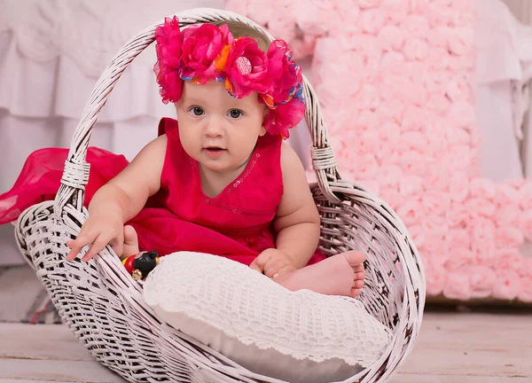 Pembe Elbiseli Kız Oyuncak Bebek Pembe Elbiseli Bebek Doğum Günü — Stok fotoğraf