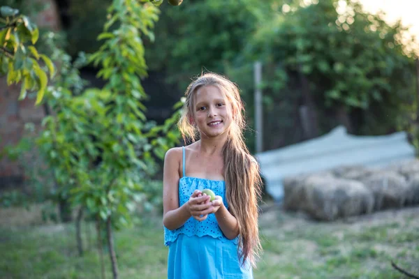 Ein Schönes Langhaariges Mädchen Pflückt Garten Birnen Das Kind Hält — Stockfoto