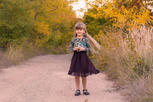 Meisje Het Herfstpark Gelukkig Kind Lacht — Stockfoto