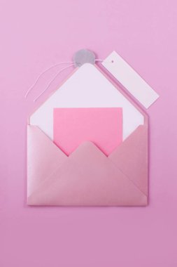 Pembe açık zarf harfli bir mum mühür ve bir ışık mor arka plan üzerinde kayıt için bir kağıt etiket. Herhangi bir ileti, örneğin romantik yazabilirsiniz bir pembe notu sopa ile gömülü olduğu.
