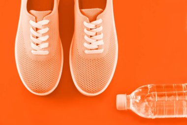 Işık turuncu spor ayakkabı, bir şişe su bir yazıt için bir yer bir turuncu zemin üzerine.