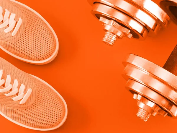 Bright orange sneakers on a orange color background with dumbbells from several parts.