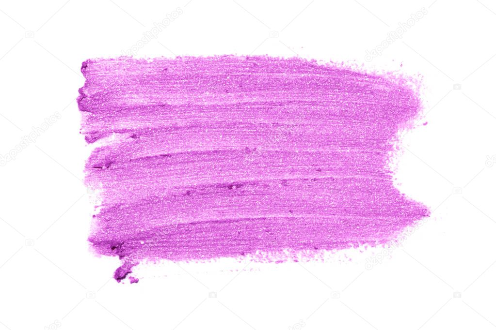 Bright purple smear lipstick in the form of a group of horizontal strokes, together making up a rectangle isolated on a white background.