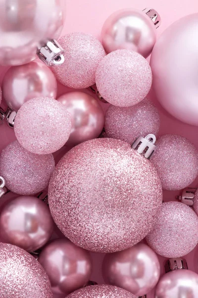 Pale Pink Composition New Year Theme Small Decorative Christmas Balls — Stock Photo, Image