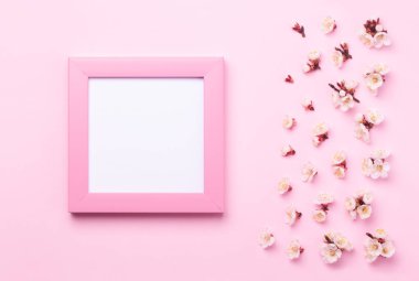 Bahar çiçekleri ile süslenmiş bir kağıt pembe arka plan içinde beyaz bir etiket ile pembe çerçeve.