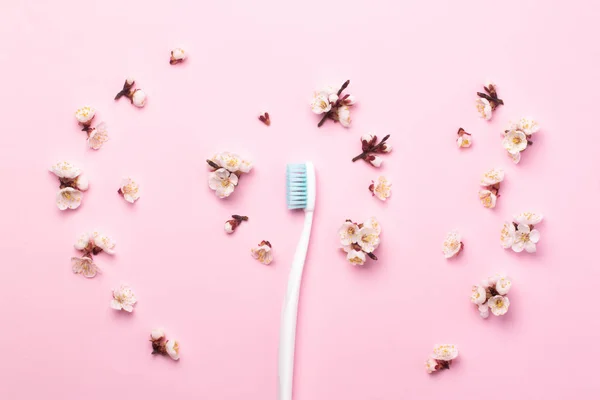 White toothbrush with blue bristles on a pink paper background decorated with spring flowers. — Stock Photo, Image