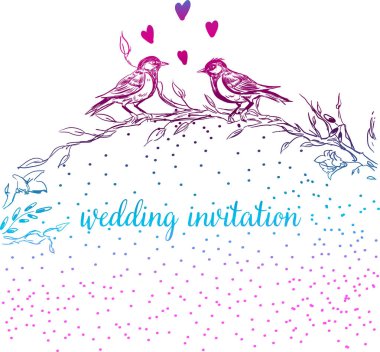 Zarif ve şirin illüstrasyon. Kuşlar her dalda otur. Baskı Tekstil ve endüstriyel amaçlar için. Ve güzel bir romantik çerçeve çiçek ve dal. Vektör çizim. Vintage tebrik kartı