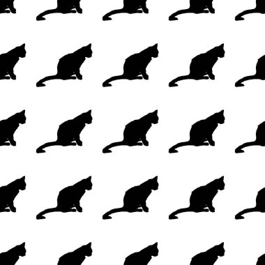 Kedi ile Vintage seamless modeli. Vektör çizim. İzole siluet kedi oturuyor. Zarif ve şirin illüstrasyon.
