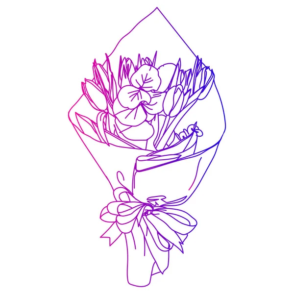 Un ramo de flores en un paquete de papel, aislado sobre un fondo blanco. Tarjeta con un ramo de tulipanes y eucaliptos. Ilustración vectorial. Las flores se oscurecen fondo . — Archivo Imágenes Vectoriales