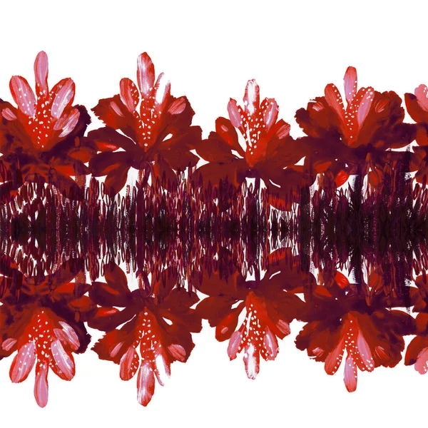 Elegantes Muster mit roten Lotusblüten. gemaltes Gemälde einer Seerose mit dekadenten Blättern. handbemalt. Rasterillustrationen. — Stockfoto