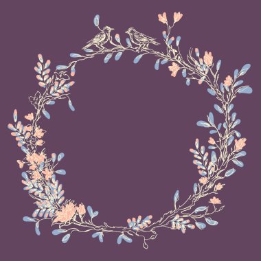 Çiçek açan çiçekler ve kuşlar Vintage tebrik kartı. Teşekkür ederim, metniniz için yer ile. Kır çiçekleri, vektör çizim