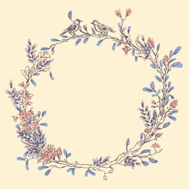 Çiçek açan çiçekler ve kuşlar Vintage tebrik kartı. Teşekkür ederim, metniniz için yer ile. Kır çiçekleri, vektör çizim