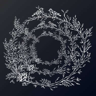 Zarif ve şirin illüstrasyon. Kuşlar her dalda otur. Tekstil ve endüstriyel amaçlar için yazdırma.