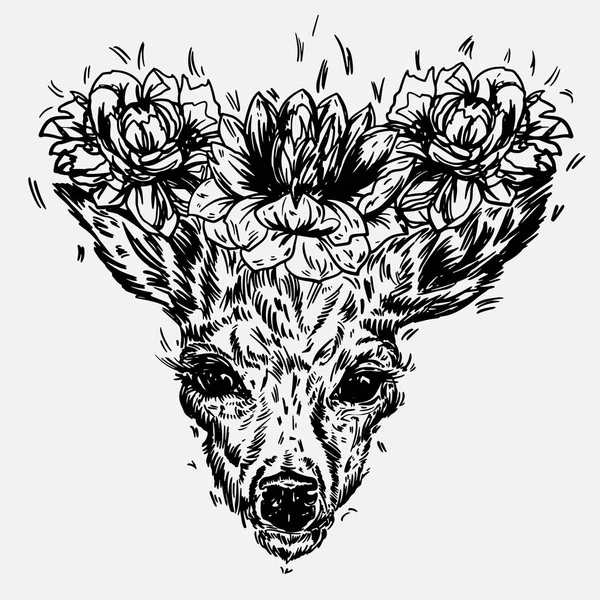 A young deer with horny horns on which peonies are planted. illustration. — Stock Vector