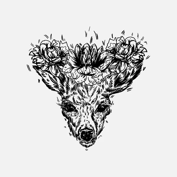Un ciervo joven con cuernos calientes en los que se plantan peonías. ilustración . — Vector de stock