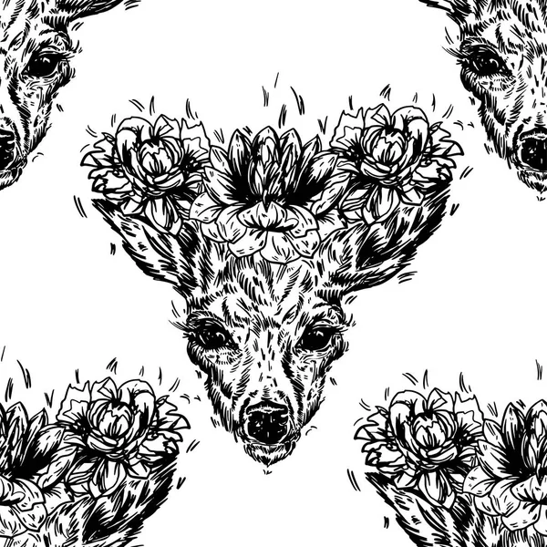 Ein junges Reh mit Hornhörnern, auf das Pfingstrosen gepflanzt werden. Illustration. — Stockvektor
