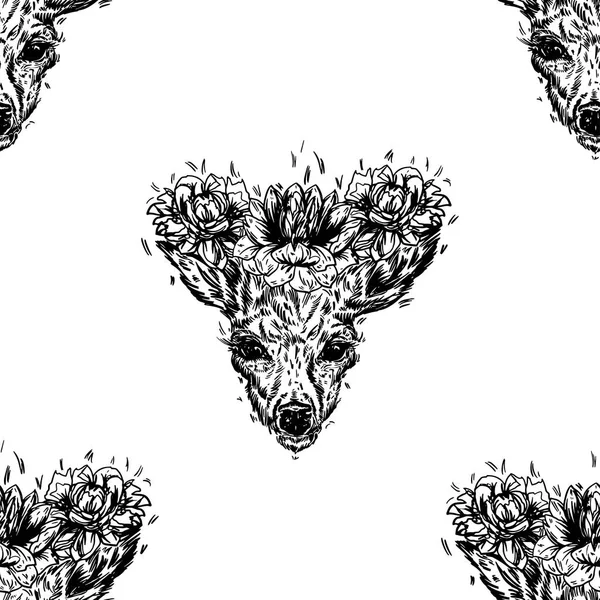 A young deer with horny horns on which peonies are planted. illustration. Royalty Free Stock Illustrations