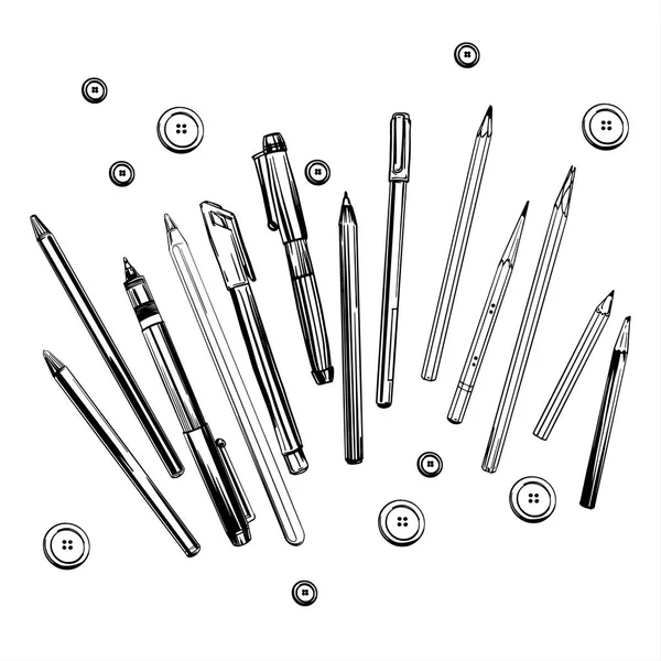 Set of black pens and pencils isolated on white — Stock Vector