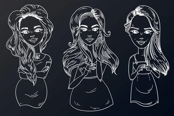 세 젊은 소녀 흑백 스케치를 양식에 일치시키는. 아름다운 헤어 스타일링, 완벽한 얼굴. — 스톡 벡터