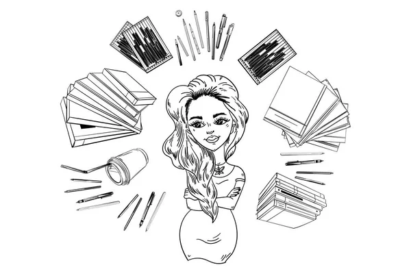 Boceto de una linda chica, alrededor de un libro, un vaso de café, libros de texto, papelería . — Vector de stock