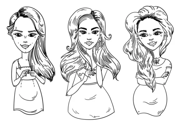 Stiliserade tre unga flickor svart och vitt skiss. Vacker hårstyling, perfekt ansikte. — Stock vektor