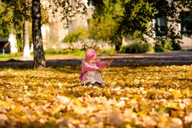 Gülümseyen kız güz yapraklarını fırlatıyor sonbahar manzarasının zemininde oturuyor..