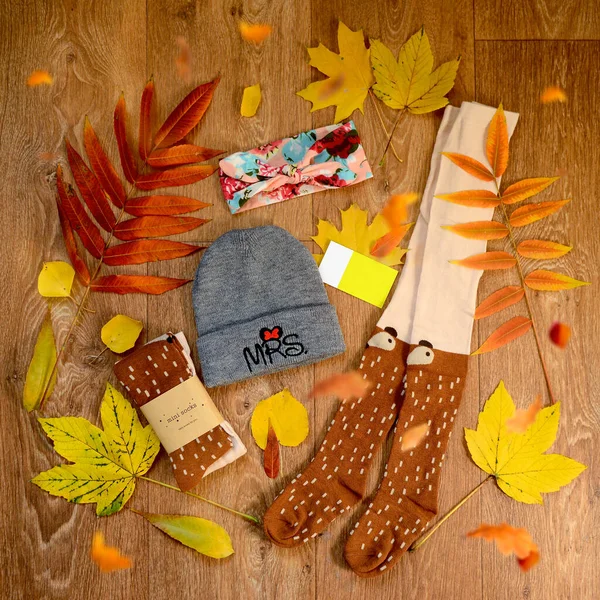 Sonbahar düzlüğü, bebek kıyafetleri, sonbahar yapraklarıyla hayat..