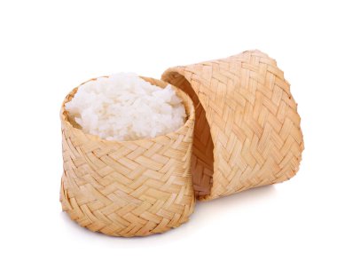 Tahta bambu geleneksel stil kutusu. Beyaz arka planda Tayland pilavı.