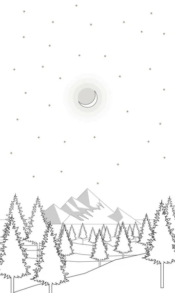 Colorear Silueta Del Bosque Sobre Fondo Las Montañas Luna — Vector de stock