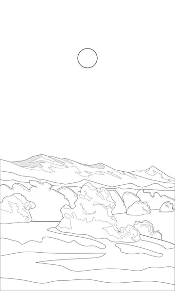 Coloriage Champ Avec Des Arbres Sur Fond Des Montagnes — Image vectorielle