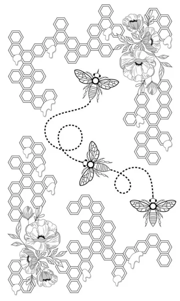 Coloration Des Abeilles Avec Des Rayons Miel Des Fleurs — Image vectorielle