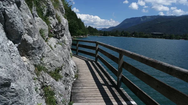 Dřevěná Přírodní Stezka Pro Chůzi Běhání Výhled Krásné Jezero Wolfgangsee — Stock fotografie