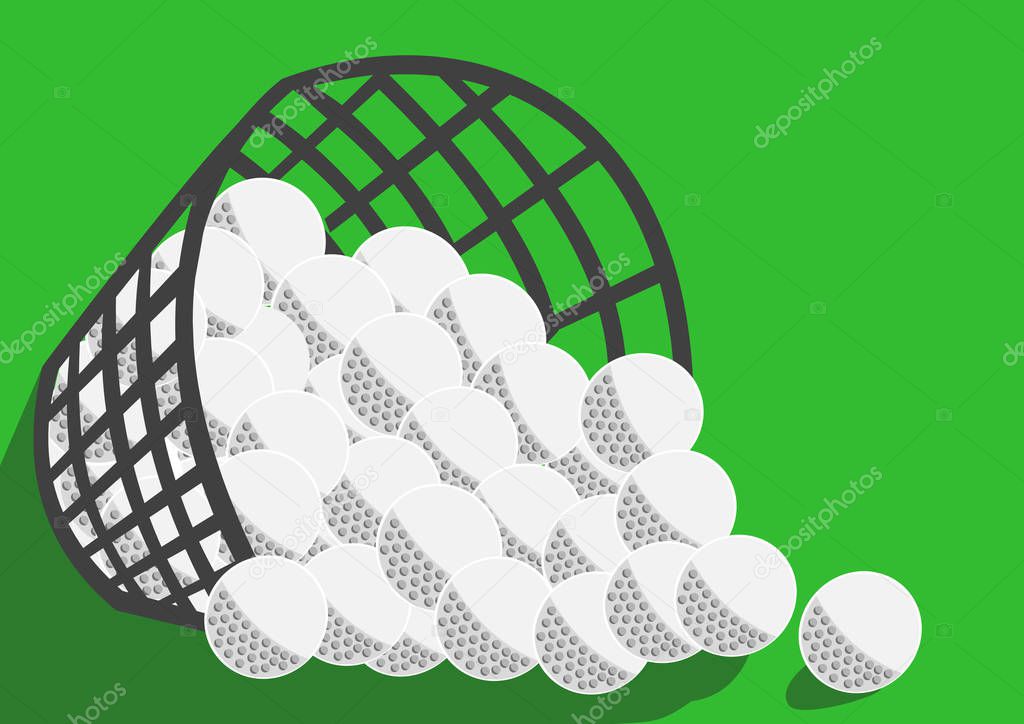 Big basket with many golf balls green background