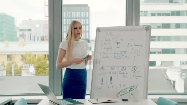 Geschäftsfrau macht Präsentation auf Whiteboard. Junge stylische Frau mit langen blonden Haaren schreibt auf Whiteboard, während sie im modernen Büro vor dem Fenster eine Präsentation abhält. — Stockvideo