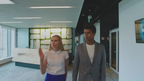 Divers collègues marchant dans le bureau et parlant. Jeune femme avec homme noir marchant dans le hall de bureau moderne et regardant autour d'avoir la visite . — Video