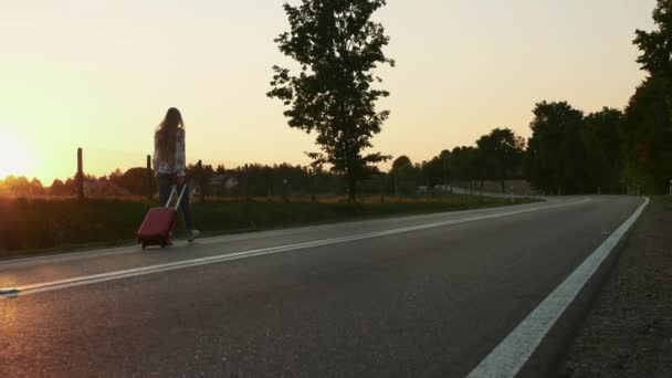 Veselá dáma s kufrem chůze po silnici. — Stock video