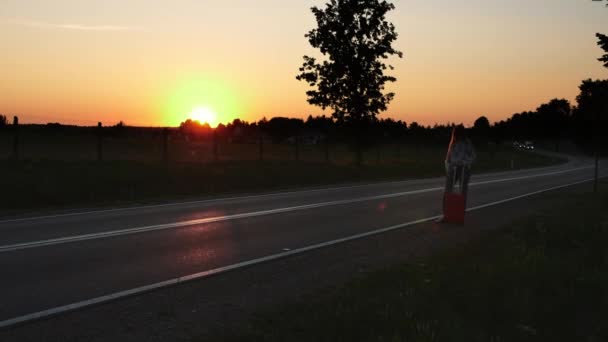 Młoda kobieta autostopem na wiejskiej drodze. — Wideo stockowe