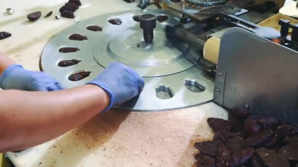 Manos de cultivo poniendo dulces en la máquina de envolver. Fábrica de dulces . — Vídeos de Stock