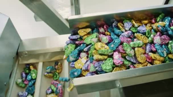 Fábrica de doces. Bando de doces embrulhados que caem do transportador em recipientes de embalagem em fábrica de confeitaria . — Vídeo de Stock