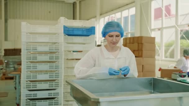 Fabrieksarbeider controleert verpakkingsmachine. Snoepfabriek. — Stockvideo