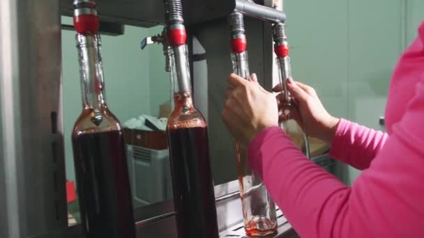 Processo di imbottigliamento del vino rosso . — Video Stock