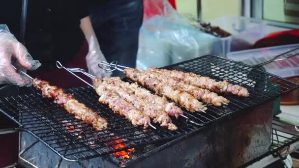 焼く肉は、屋台の食べ物。アジア屋台市場のエキゾチックな食べ物焼きワニ肉串バーベキュー. — ストック動画