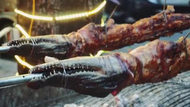 Gegrilltes Krokodil am offenen Feuer im Meeresfrüchterestaurant, exotische Gerichte in Viethnam, Speisen der asiatischen Küche, rohes Krokodilfleisch, exotisches Essen — Stockvideo