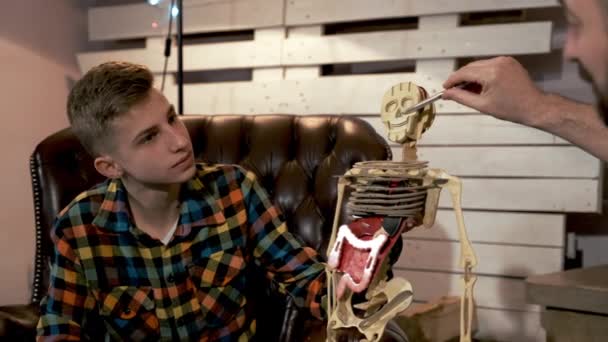 Öğretmenini dinleyen genç öğrenci insan vücudunun yapısını ortaya çıkarmasını — Stok video