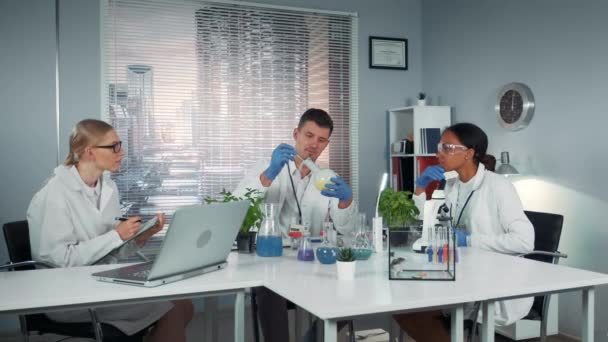 Equipe diversa de cientistas de pesquisa observando experimentos de colônias com líquido em frasco cônico . — Vídeo de Stock