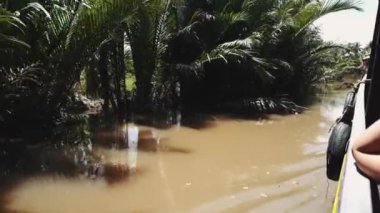 Geleneksel Vietnam feribotu insanları ve bisikletlerini Vietnam, Güney Doğu Asya 'daki Mekong Nehri' nden geçiriyor.