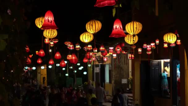 Evening Street Decorated With Glowing Lanterns. Hoian Vietnam — Stock Video