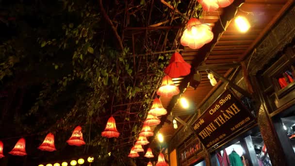 Evening Street Decorated With Glowing Lanterns. Hoian Vietnam — Stock Video