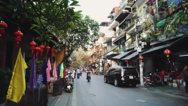 The Bustling Street Scene Of Hanoi, Vietnam, Old Town, Motorcycles Cars Traffic — стокове відео