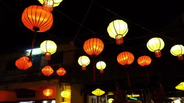 Evening Street Decorated With Glowing Lanterns. Hoian Vietnam — Stock Video